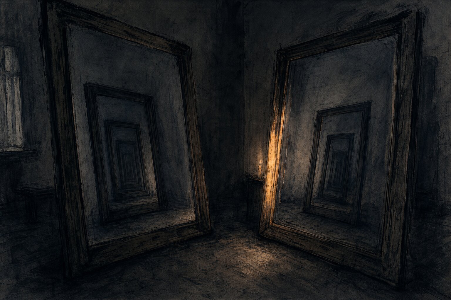 Two facing mirrors receding into infinite recursion, lit by a single candle
