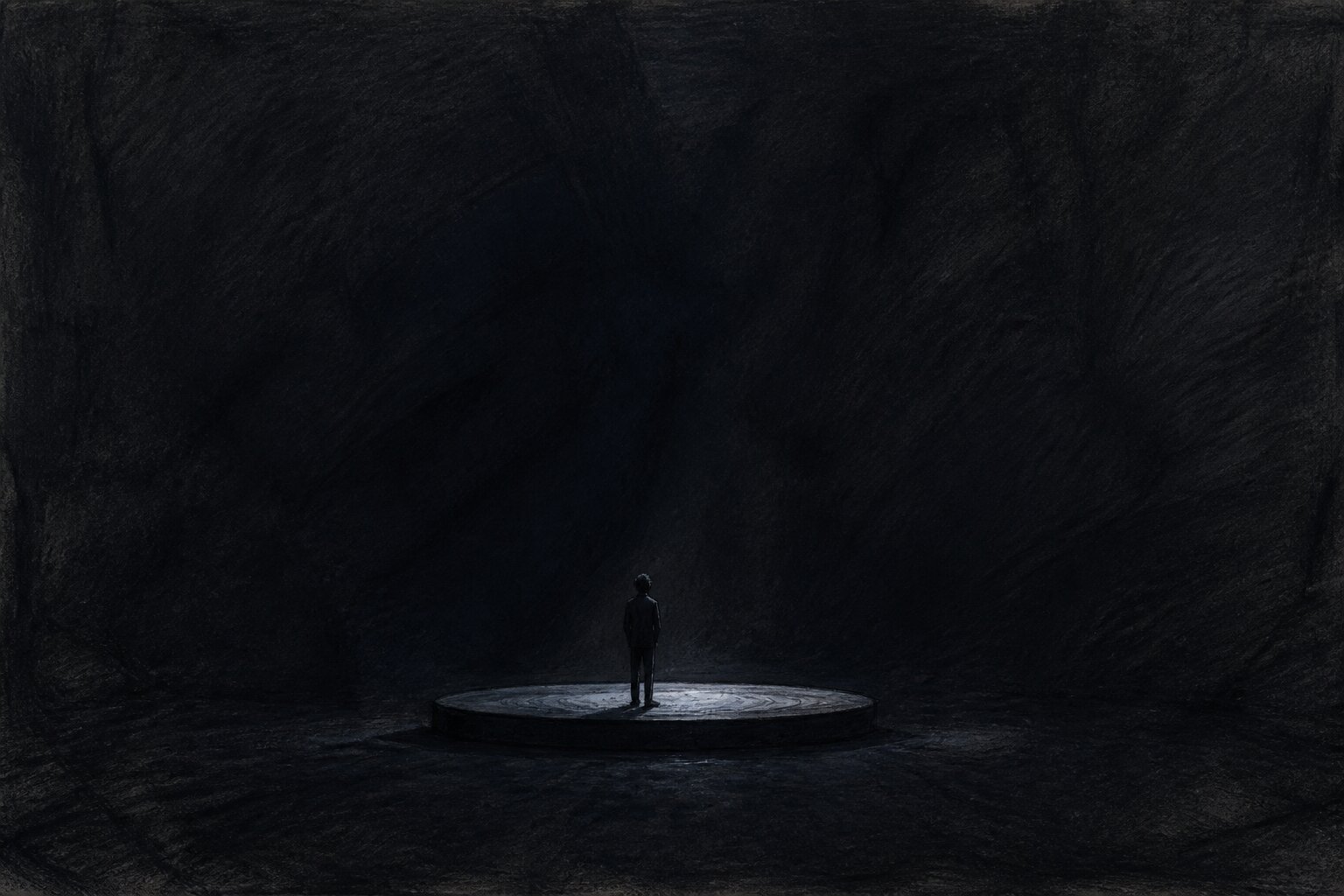 A small figure standing alone on a circular platform in vast darkness