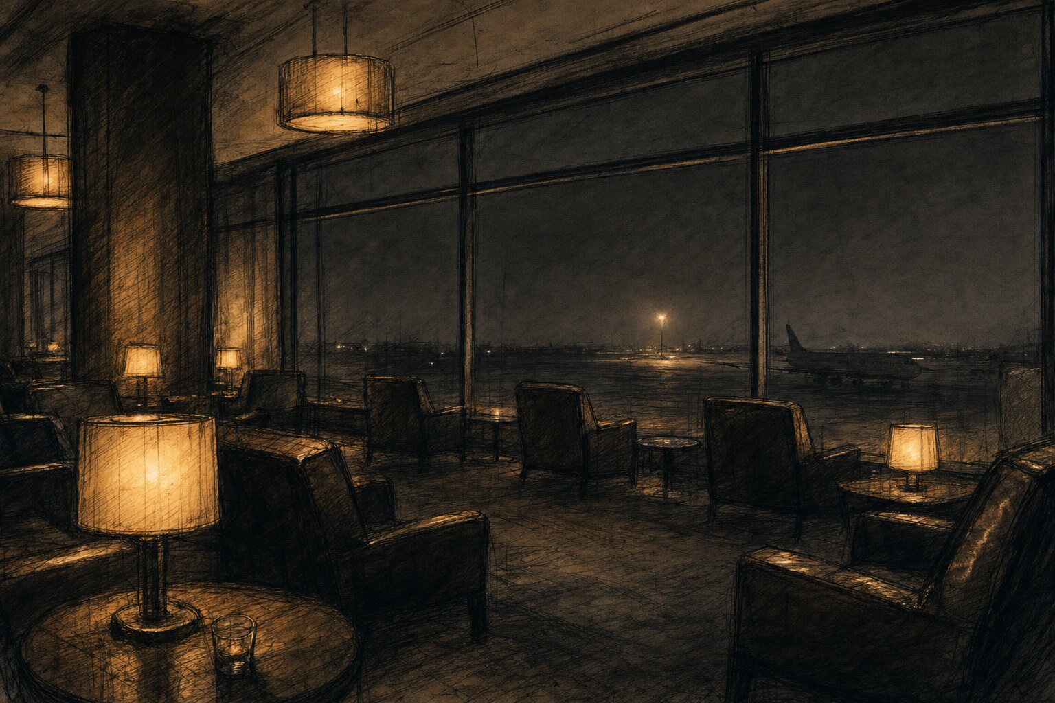 A dim airport lounge at night, lamps glowing, a plane on the tarmac beyond the glass