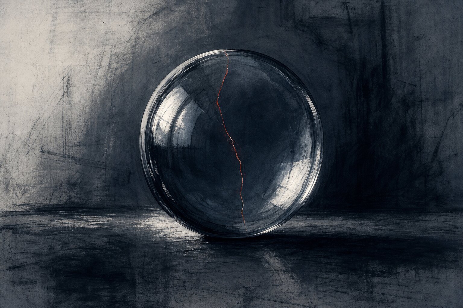 A glass dome with a single red fracture running through it