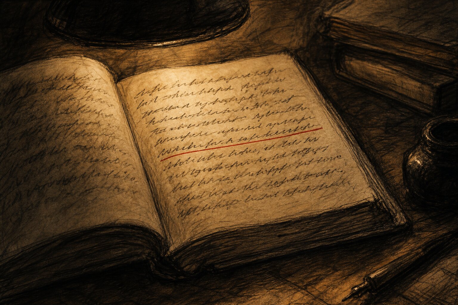 An open handwritten notebook with a single line underscored in red