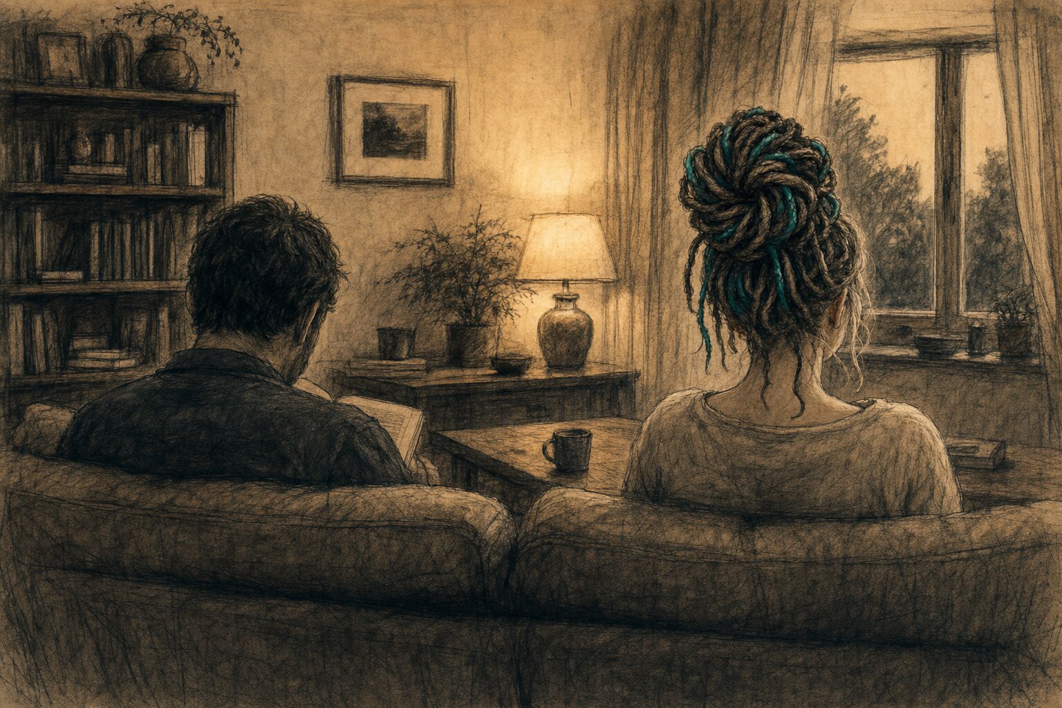Two people sitting on a couch from behind, a warm lamp-lit living room
