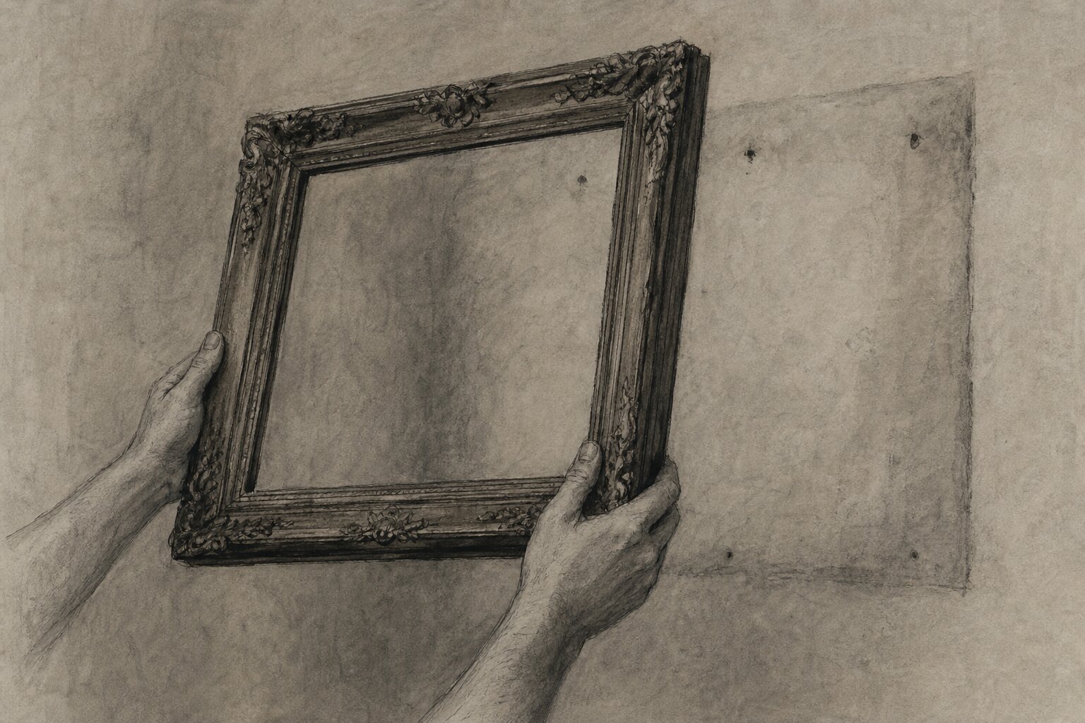Two hands lifting an ornate empty frame off a wall, a faint outline left behind