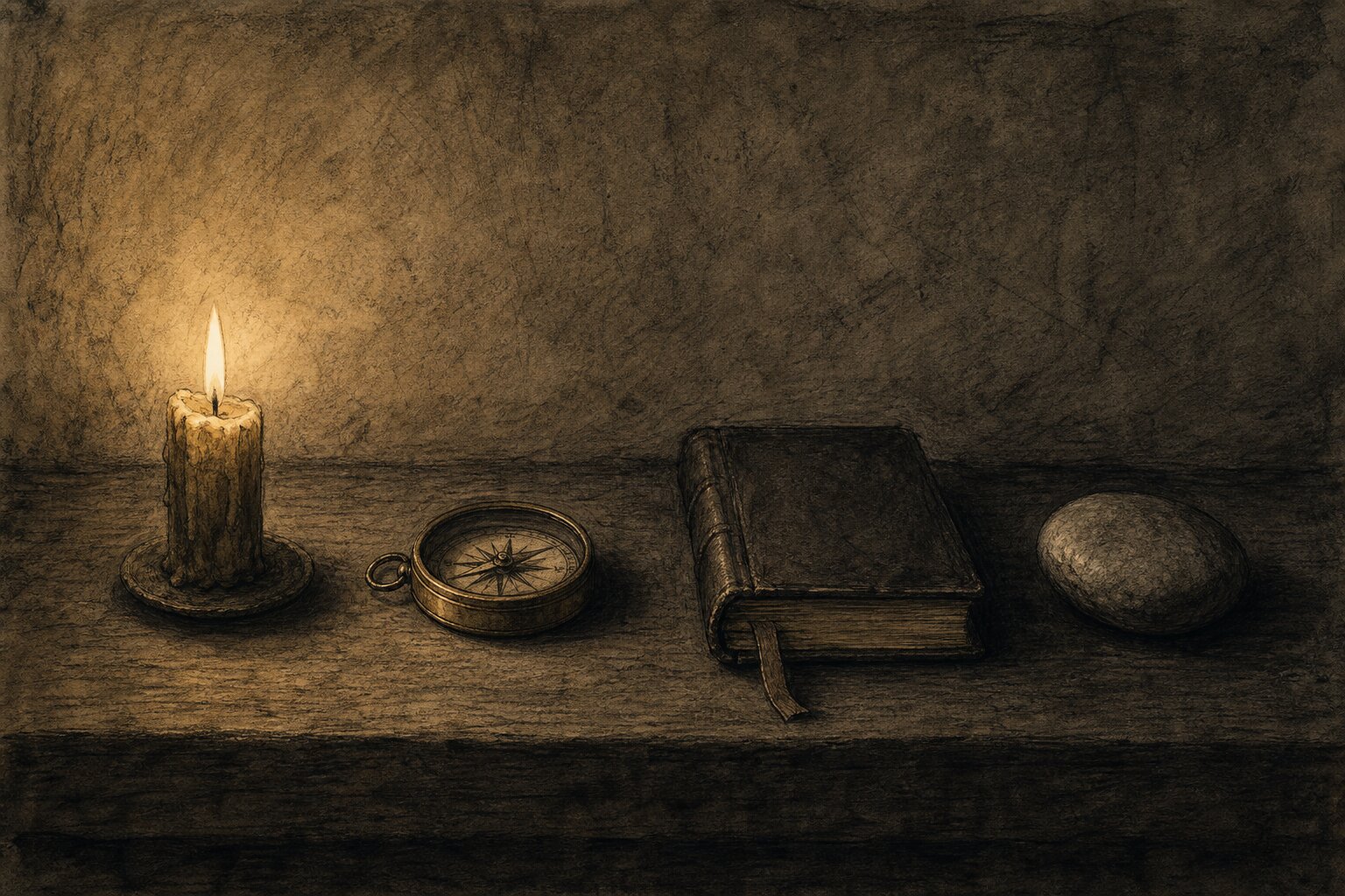 A still life on dark wood: a lit candle, a compass, a closed book, and a smooth stone
