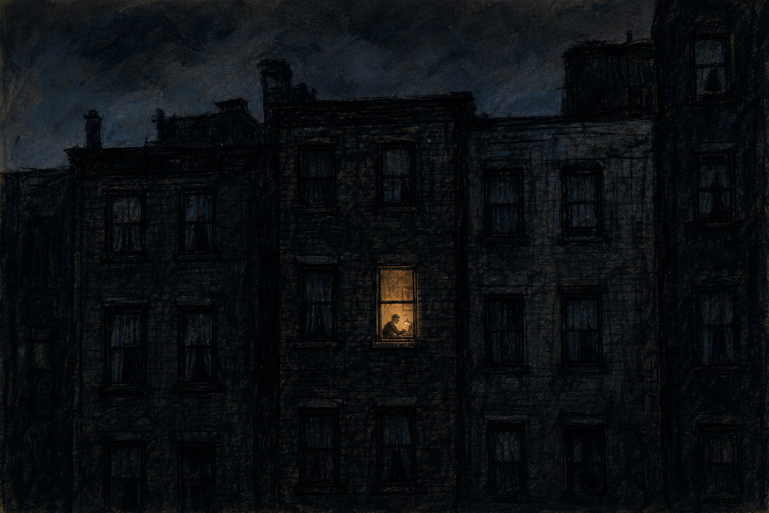 A single lit window glowing in a dark apartment building at night