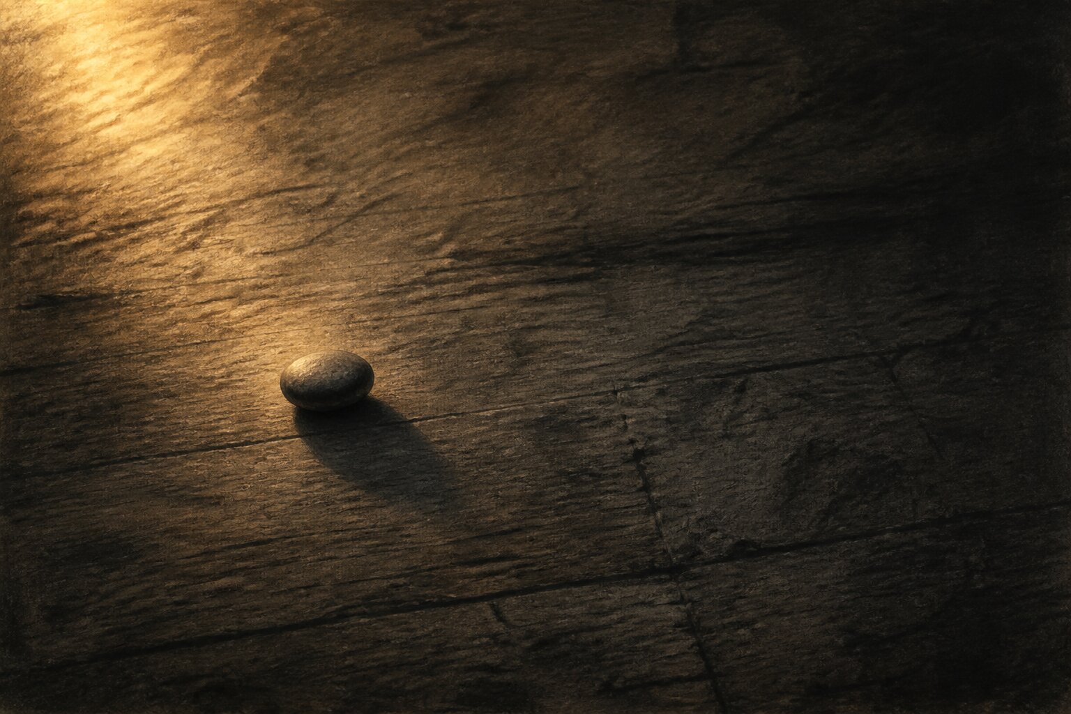 A single small stone resting alone on dark wood, lit by a shaft of warm light